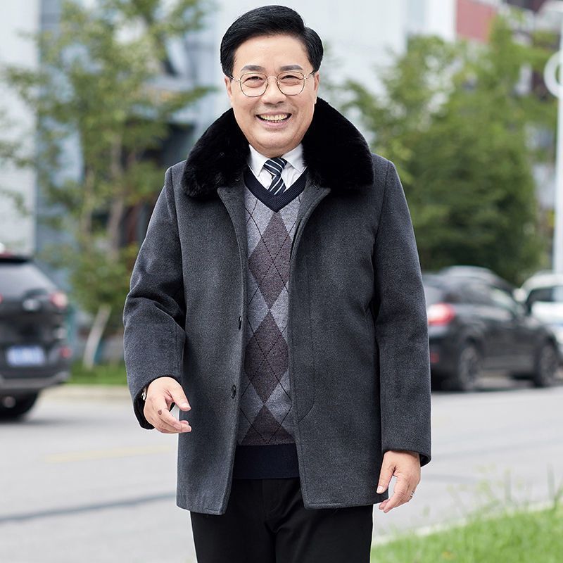 Men's Fur and Velvet Thick Coat Middle-aged Men's Winter Dad Outfit