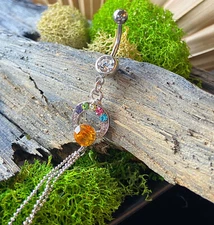 Half Moon Chain Dangle CZ Gem Belly Ring Navel Piercing Pierced Naval Jewelry