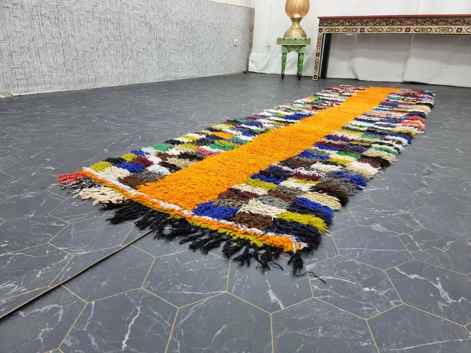 Moroccan Handmade Vintage Rug 2'6"x9'7" Berber Checkered Orange Blue Carpet  - Image 4 of 4