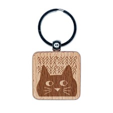 Mischievous Cat Peering Engraved Wood Square Keychain Tag Charm