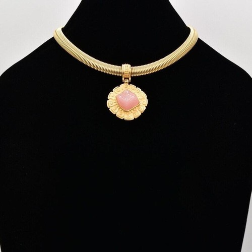 Givenchy Vintage Cabochon Necklace Collar Pink Brushed Gold Omega Signed BinBC - 第 1/12 張圖片