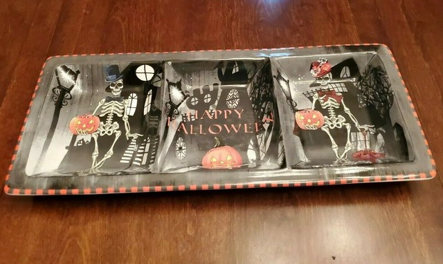 New 222 Fifth Halloween Dapper Skeleton Divided Serving Dish 16 5 X 