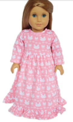 Nightgown, Pink Flannel Cute Bunnies & Fuzzy Slippers, for American Girl Doll