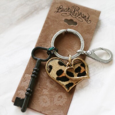 NWT LUCKY BRAND Ocelot Leopard Hearts Key Mix Charm Keychain Key ring FOB NEW