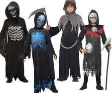 Grim Reaper Costume Kids Halloween Skeleton Dark Ghost Fancy Dress Boys