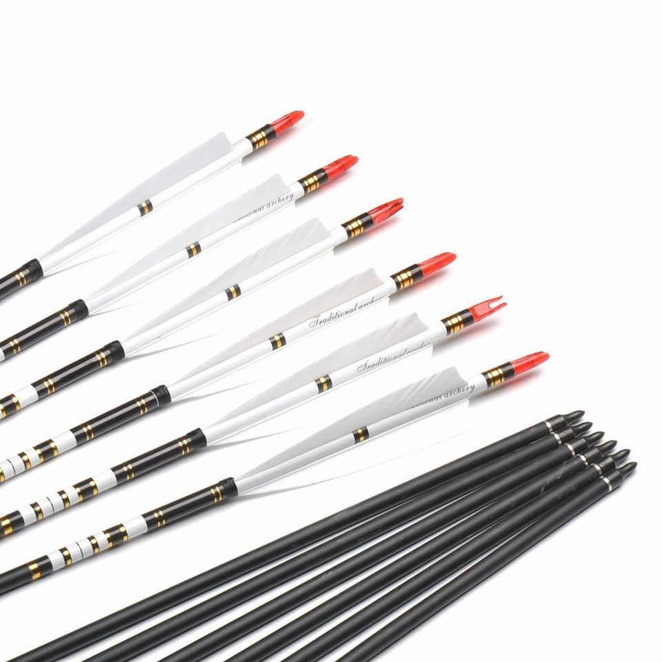 12 Carbon Arrows – 30/32 Inch, 500 Spine, Turkey Feathers – For Recurve & Compound Bows