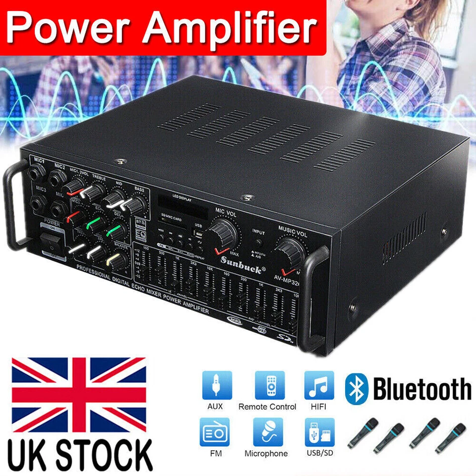 2000W Digital Power Amplifier Bluetooth Stereo HiFi Audio 2CH USB SD FM Remote