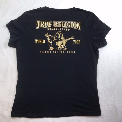 True Religion Gold Embellishment Buddha Logo Deep V-Neck T-Shirt Women’s XL - Picture 11 of 11