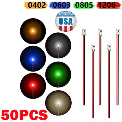 50PC Wired Micro LED Pre-Soldered 0402,0603, 0805,1206 Copper Wire Lights SMD
