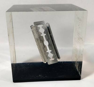 Vintage Acrylic Cube With Safe T Razor Blade Paper Weight Weird
