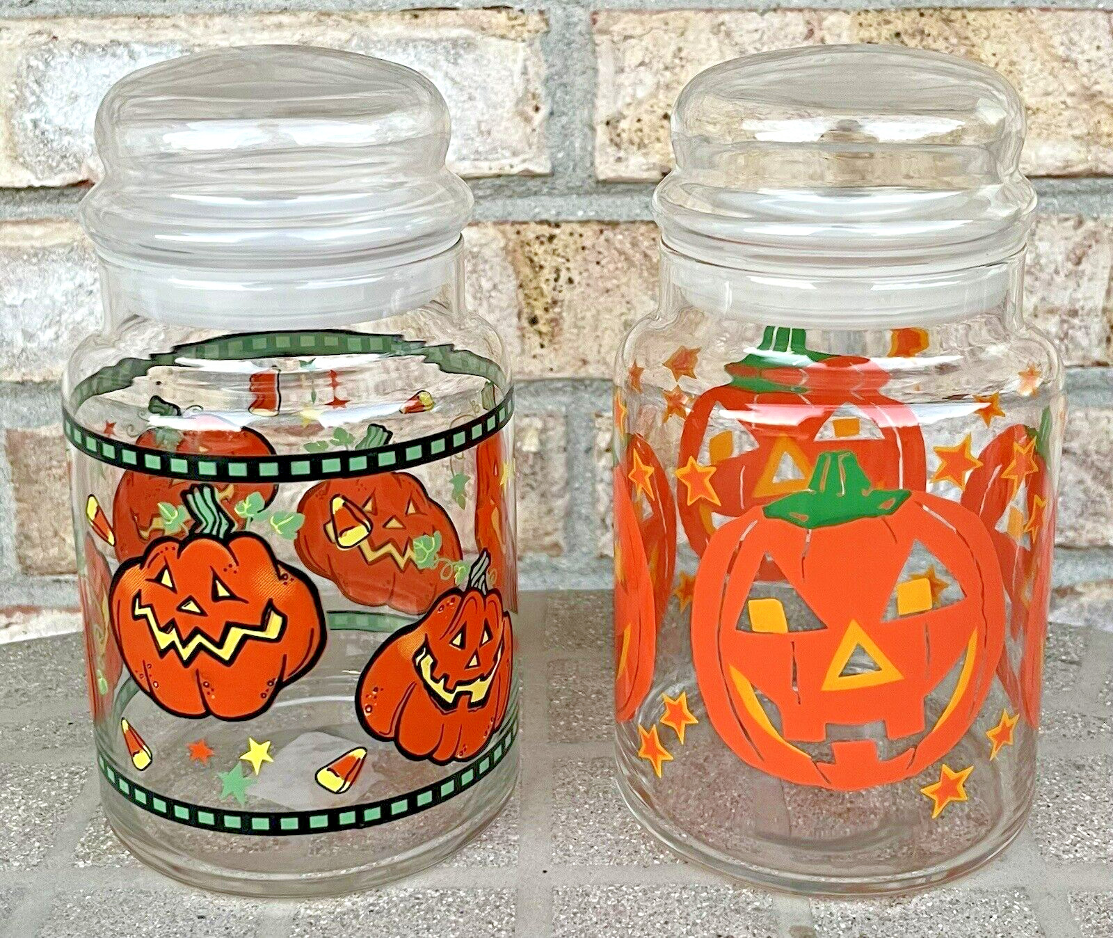 2 Libbey Halloween Smiling Jack-O-Lantern Pumpkin Face Glass Candy Jar Canisters