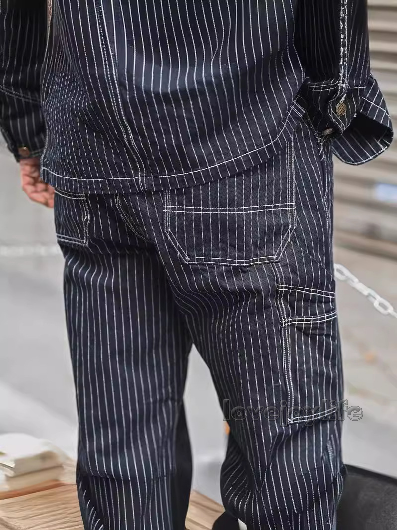 Vintage Men Wabash Stripe Jeans Work Denim Pants Railway Vintage Men Wabash Stripe Jeans Work Denim Pants Railway