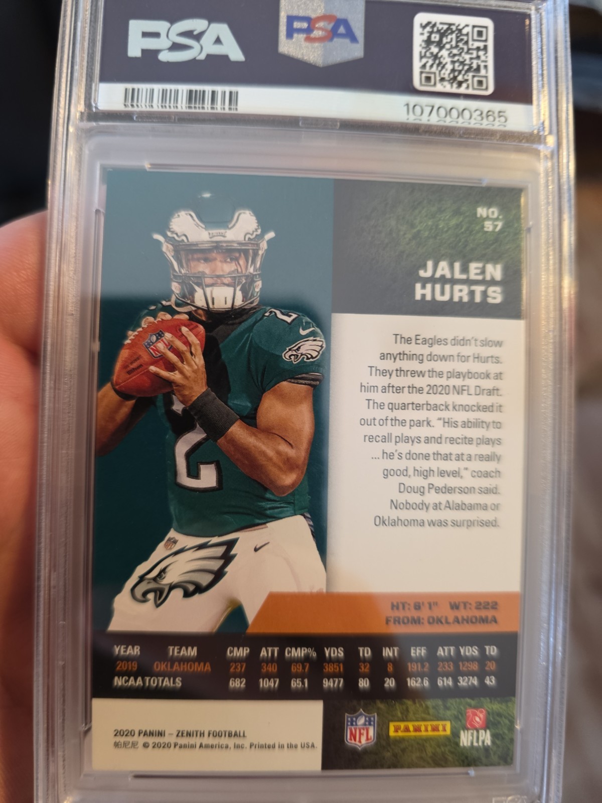 2020 Panini Zenith Jalen Hurts Rc #57 Psa 9 view 6