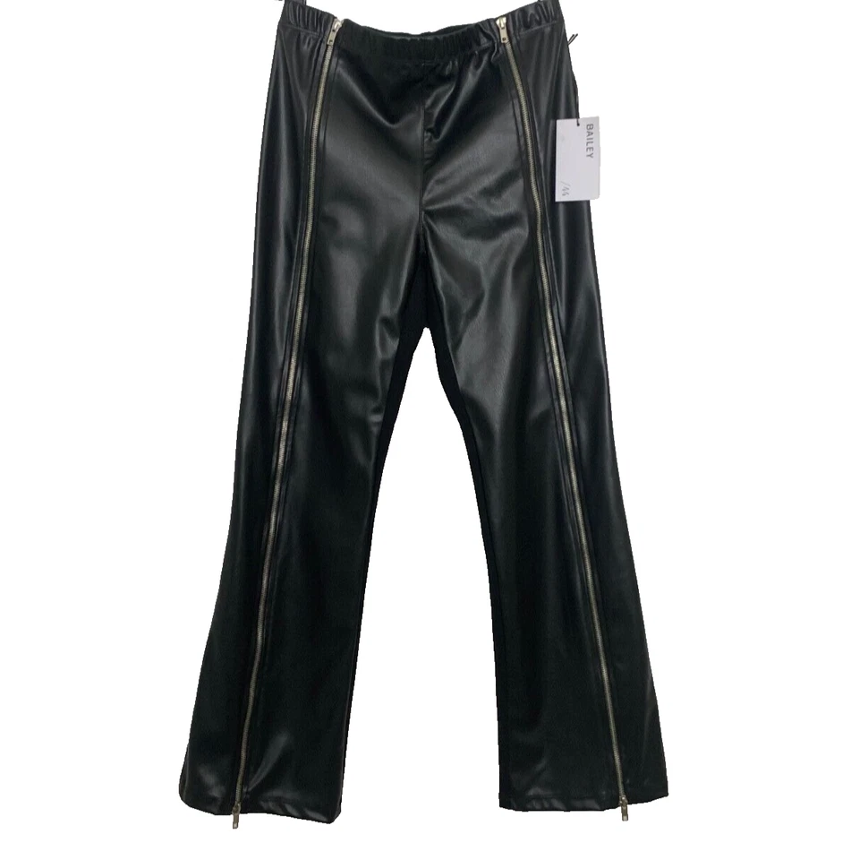 Calça feminina Bailey 44 preta couro sintético perna larga zíper frontal tamanho M nova com etiquetas $248 - Imagem 2 de 4