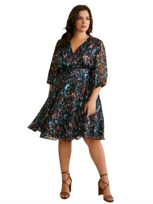 Maree Pour Toi Womens Black Blue Red VNeck Silk Blend Chiffon Wrap Dress Size 22
