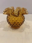 VINTAGE FENTON HONEY AMBER MARIGOLD GLASS HOBNAIL RUFFLED EDGE VASE 4"