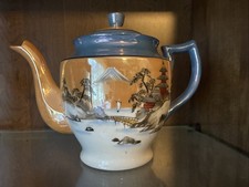 Vintage Japanese lusterware teapot metallic glaze and hand-painted scenery