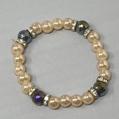 Glass Faux Pearl Bead Bracelet Purple Aurora Borealis Coated Rhinestones Stretch