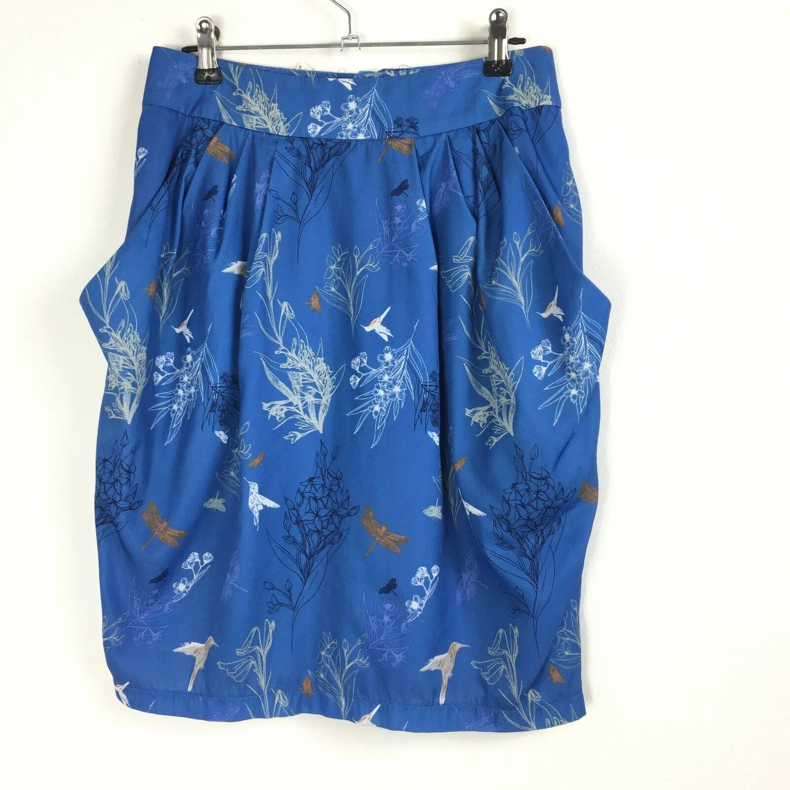 H&M Skirt 10UK Blue Floral Hummingbird Botanical Tulip Pockets 6US 36EU