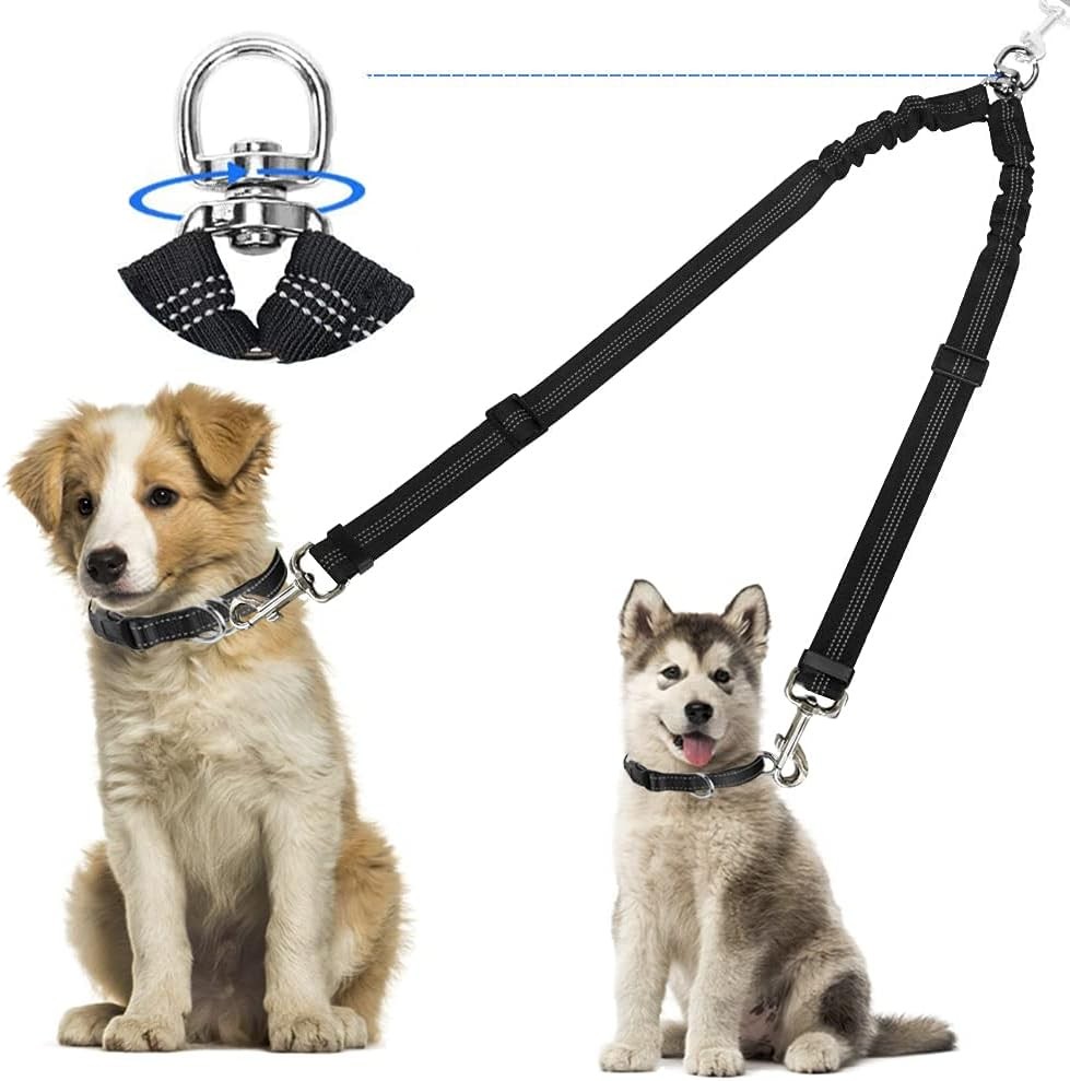 Laisse double Kelivi premium en nylon renforcé avec attaches rotatives 360 degrés