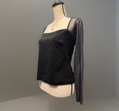 VTG Y2K Black Mesh Long Sleeve Top Sz 10 Beaded Sheer Goth Grunge Fairycore Vamp