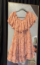 Forever 21 Orange Palm Print Ruffle Off Shoulder Smocked Tiered Mini Dress 