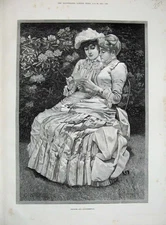 Old Antique Print 1885 Gunning King Fine Art Ladies Women Garden Flowers 19th