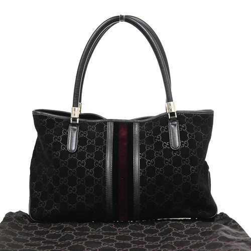 GUCCI GG Logo Sherry Line Shoulder Hand Bag Suede Leather Black Italy 10CA953