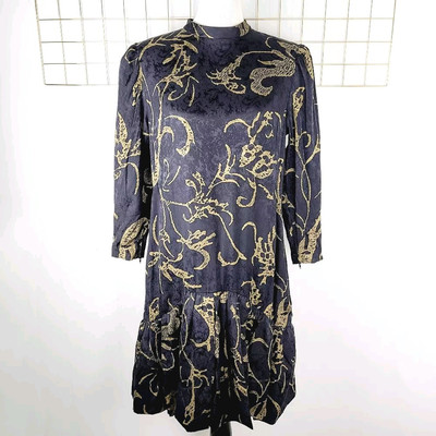 Pauline Trigere Womens Dress Large Black Gold Jacquard Drop Waist Vintage- Read