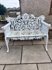 Cast Iron White Ornate Garden Bench-Rams Head Arms- Coalbrookdale Style 