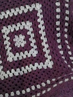 Hand made crocheted Blanket/Throw in grey & purple with frilly border