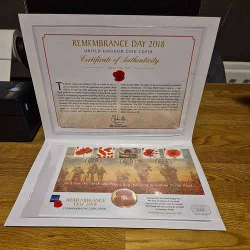 REMEMBRANCE DAY 2018 COIN COVER, JERSEY £5 COIN AND STAMPS, LTD ED 243/250