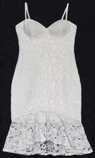 GUESS Lace Bodycon Dress Sz 6 White Floral Midi Flounce Hem Strap Lined Padded