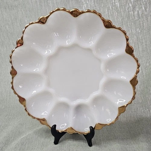 Vintage Anchor Hocking Milk Glass Deviled Egg Plate with Gold Trim Ornate Bottom