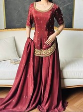 Stunning Natural Crep Silk Maroon Top Palazzo With Dupatta For Function Wear