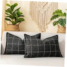 Black 12x20 Pillow 20" x 12" Pack of 2 Black Beige Plaid Lumbar Set of 2