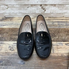 TOD'S Gommino Black Patent Leather Driving Shoes Penny Loafer Women's 39 Us8/8.5