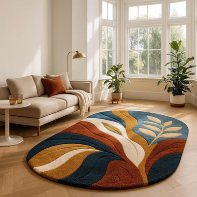 Hand-Tufted Wool Oval Rug | Modern Abstract Leaf Design for living room 6x9|7x10