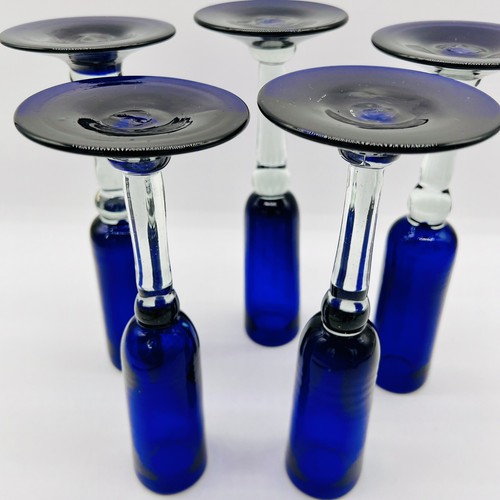 Double Shot Tall Hand Blown Cobalt Glasses 9” Set Of 5 Vintage - Picture 8 of 9