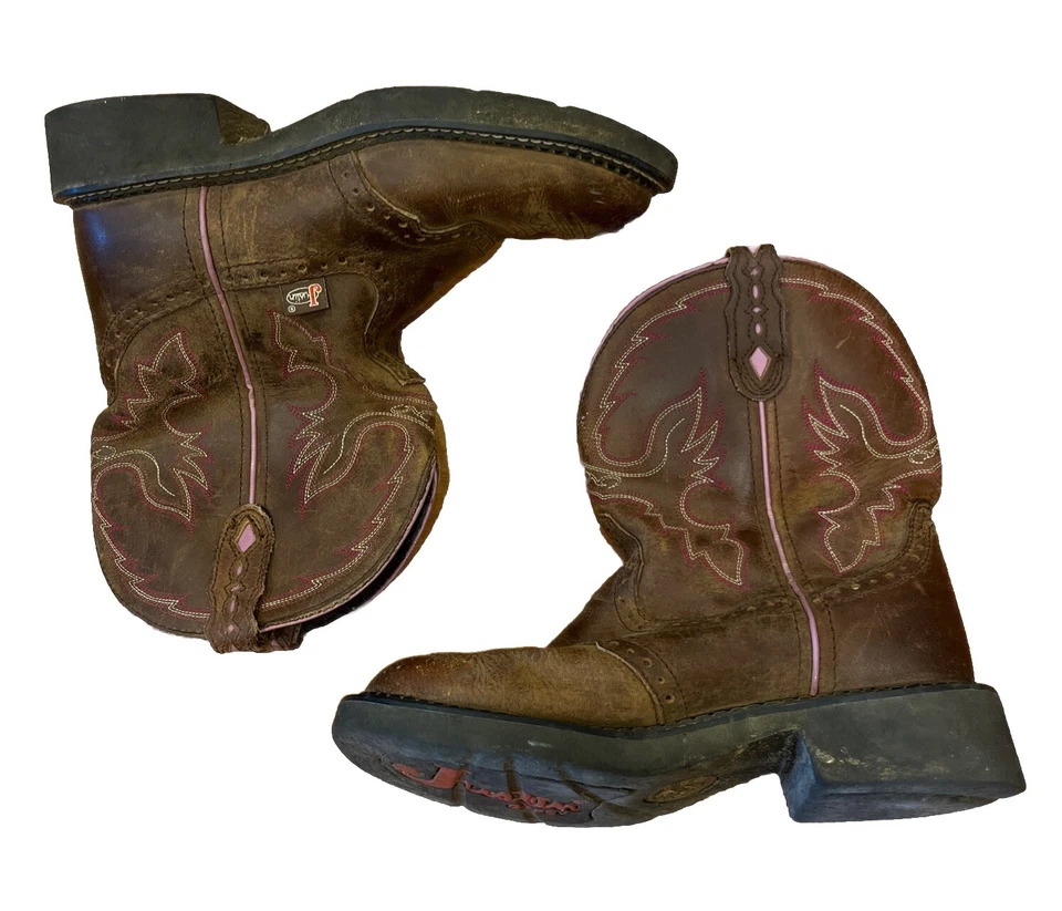 Justin Niñas Western Talla 7 Marrón Cuero Rosa Costura Tobillo Vaquera Botas Sf Foto 3 de 4