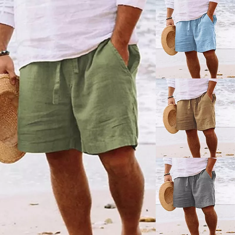 Mens Cotton Linen Shorts Summer Beach Hawaiian Drawstring Waist Short Pants  AU