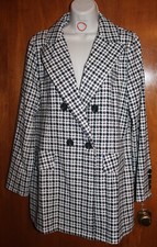 Misses' Medium UNLINED BLAZER JACKET white houndstooth; longer length EUC