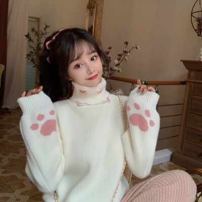 Women Lolita Sweater Jumper Cute Turtleneck Knitted Pullover Top