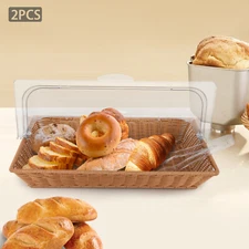 2pcs Rattan Bread Basket with Lid Hand-Woven Wicker Tray 21Inch Picnic Food Box！