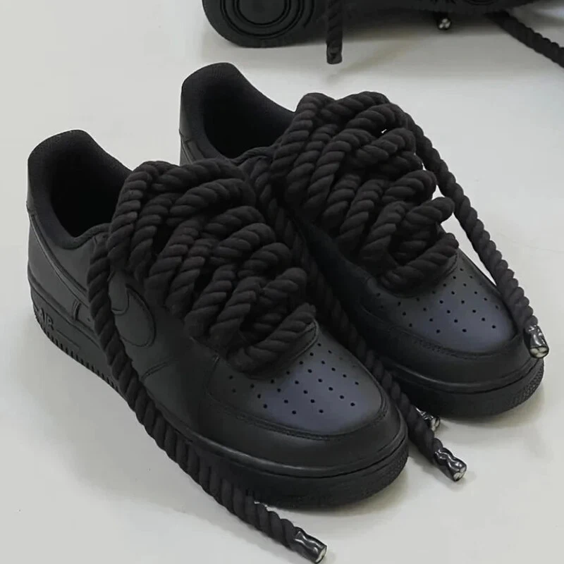 All Black Af1 with Rope Laces (White Also Available) Preschool 2 Youth / Black with Black Rope Laces