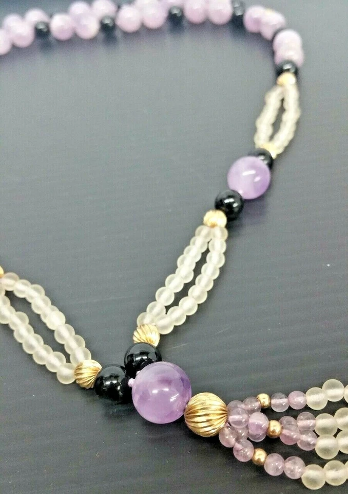28'' 14k Yellow Gold, Amethyst, Pink Quartz, and Onyx Bead Necklace — 第 3/4 张图片
