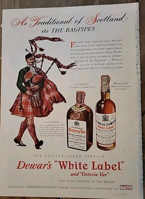 1946 Dewar's white label victoria vat scotch whiskey clan menzies bagpipes ad 
