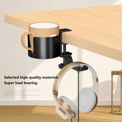 Desk Cup Holder 360° Rotating Metal Headphone Hanger Rack Under Desk  Anti-Spill