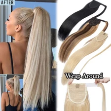 Thick 100% Remy Human Hair Ponytail Extensions Clip In Wrap Around Pony Tail USA