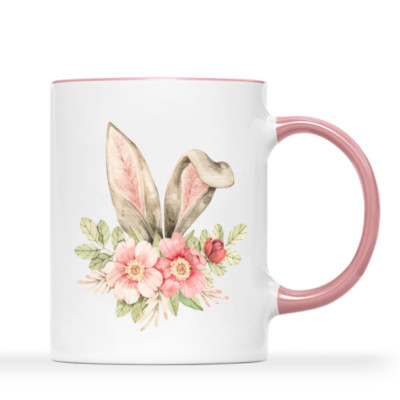 11 oz, 2 Sides Rabbit Ears and Flowers Pink Handle Mug - Happy Easter Mug